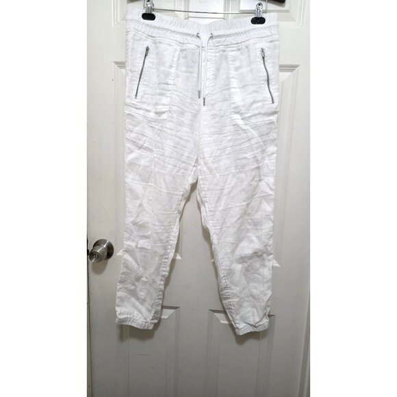 Athleta Women 12 White 100%Linen Jogger Pants Elastic Waistband & Ankle Cuffs - Picture 2 of 9